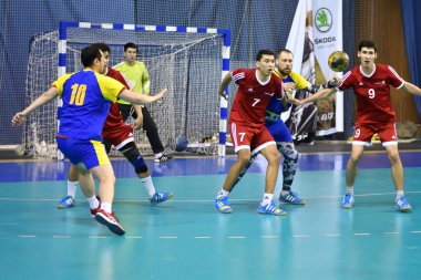 Orenburg, Rusya Federasyonu - February13, 2018 yıl: boys oyun hentbol Uluslararası hentbol turnuvası ilk Orenburg Vali il Ivan İvanoviç Nepluev anısına olarak