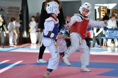 Orenburg, Rusya - 27 Ocak 2018: Çocuklar Olimpiyat Rezerv Okulu 'ndaki tekvandoda yarışıyorlar. 6.