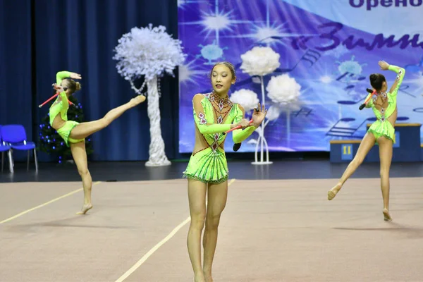 Orenburg Russia Novembre 2017 Anno Ragazze Gareggiano Nella Ginnastica Ritmica — Foto Stock