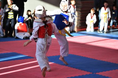Orenburg, Rusya - 27 Ocak 2018: Çocuklar Olimpiyat Rezerv Okulu 'ndaki tekvandoda yarışıyorlar. 6.