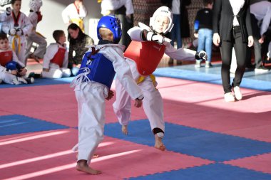 Orenburg, Rusya - 27 Ocak 2018: Çocuklar Olimpiyat Rezerv Okulu 'ndaki tekvandoda yarışıyorlar. 6