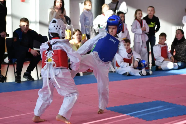 Orenburg Rússia Janeiro 2018 Crianças Competem Taekwondo Championship School Olympic — Fotografia de Stock