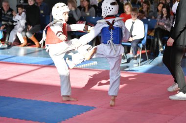 Orenburg, Rusya - 27 Ocak 2018: Çocuklar Olimpiyat Rezerv Okulu 'ndaki tekvandoda yarışıyorlar. 6