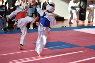 Orenburg, Rusya - 27 Ocak 2018: Çocuklar Olimpiyat Rezerv Okulu 'ndaki tekvandoda yarışıyorlar. 6
