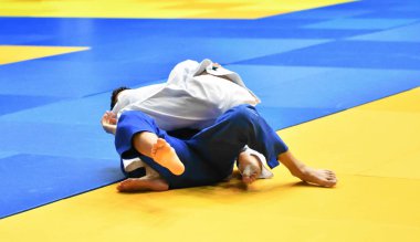 İki kimonolu judoka tatamide yarışıyor.