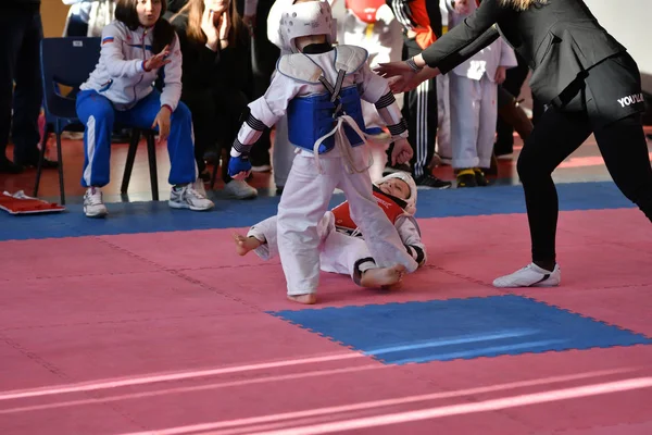 Orenburg Rússia Janeiro 2018 Crianças Competem Taekwondo Championship School Olympic — Fotografia de Stock