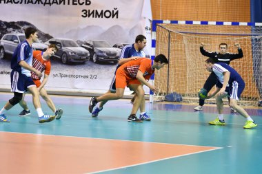 Orenburg, Rusya - 12 Şubat 2018: Orenburg 'un ilk valisi Ivan Ivanovich Neplueva anısına erkekler hentbol uluslararası hentbol turnuvasında oynuyor