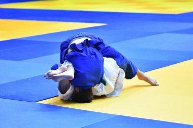 İki kimonolu judoka tatamide yarışıyor.