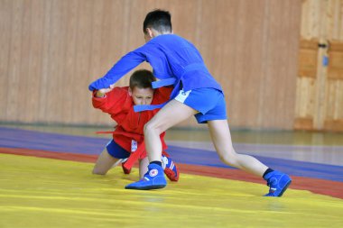 Orenburg, Rusya - 23 Şubat 2019: Çocuklar yarışmalar Sambo