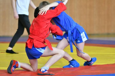 Orenburg, Rusya - 23 Şubat 2019: Çocuklar yarışmalar Sambo