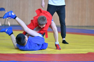 Orenburg, Rusya - 23 Şubat 2019: Çocuklar yarışmalar Sambo