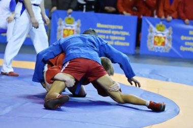Orenburg, Rusya - 16 Şubat 2019: Çocuklar yarışmalar Sambo