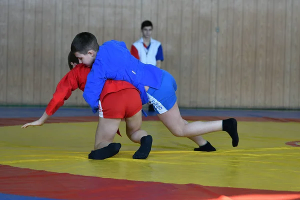 Orenburg, Rússia - 23 de fevereiro de 2019: Competições de meninos Sambo — Fotografia de Stock