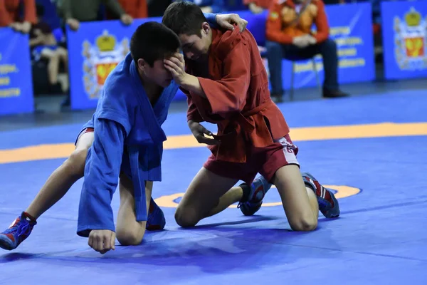 Orenburg, Rússia - 16 de fevereiro de 2019: Competições de meninos Sambo — Fotografia de Stock