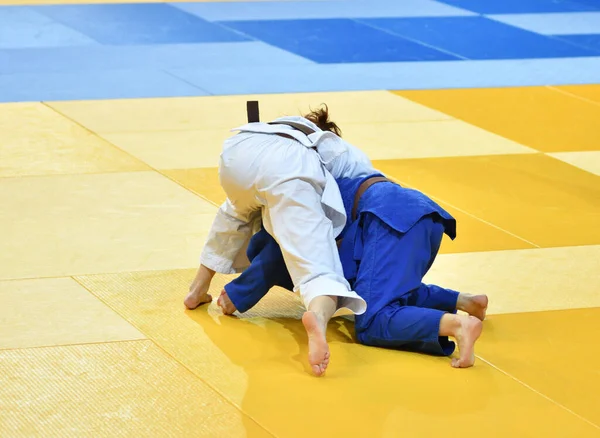 Kimonolu Iki Kız Judoka Tatamide Yarışıyor — Stok fotoğraf