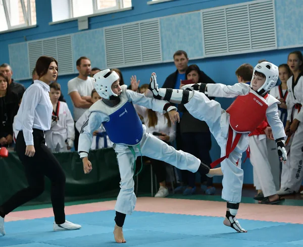 Orenburg Rosja Października 2019 Chłopcy Rywalizują Taekwondo Mistrzostwach Orenburg Open — Zdjęcie stockowe
