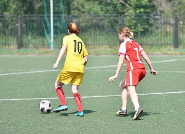  Orenburg, Rusya - 12 Haziran 2019: Rusya Günü 'ne adanmış kadınlar futbol turnuvası