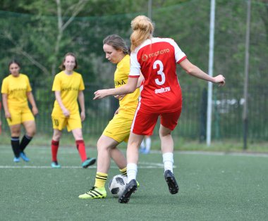  Orenburg, Rusya - 12 Haziran 2019: Rusya Günü 'ne adanmış kadınlar futbol turnuvası