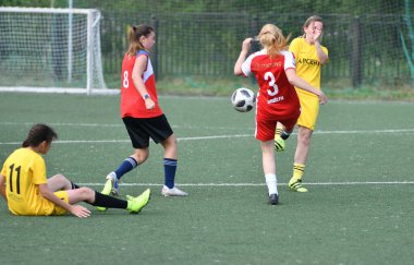  Orenburg, Rusya - 12 Haziran 2019: Rusya Günü 'ne adanmış kadınlar futbol turnuvası