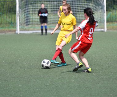  Orenburg, Rusya - 12 Haziran 2019: Rusya Günü 'ne adanmış kadınlar futbol turnuvası