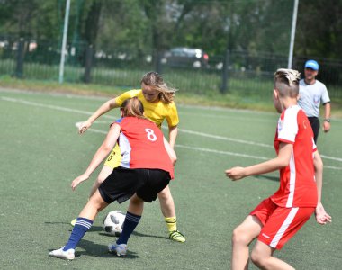  Orenburg, Rusya - 12 Haziran 2019: Rusya Günü 'ne adanmış kadınlar futbol turnuvası