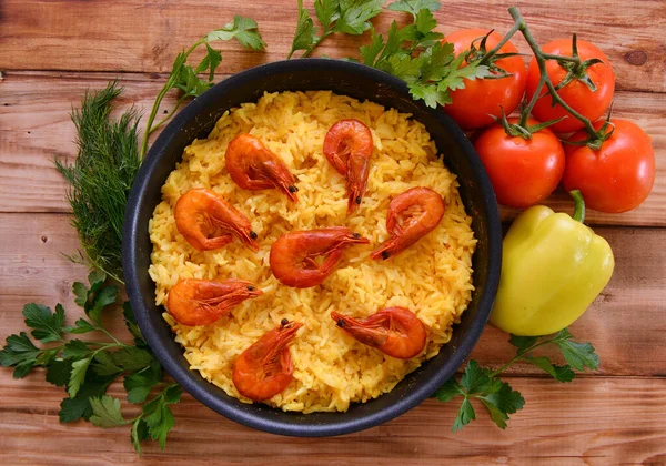 Ris Paella Med Räkor Saffran Och Olivolja Spanska Nationella Dis — Stockfoto