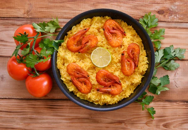 Paella Arroz Con Camarones Azafrán Aceite Oliva —  Fotos de Stock