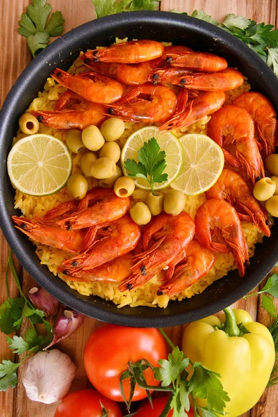 Paella Arroz Con Camarones Azafrán Aceite Oliva — Foto de Stock