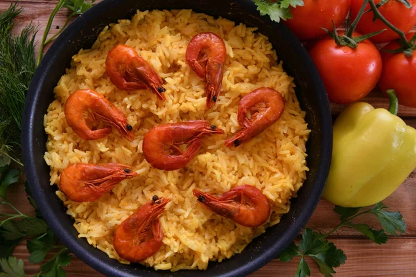 Paella Arroz Con Camarones Azafrán Aceite Oliva — Foto de Stock