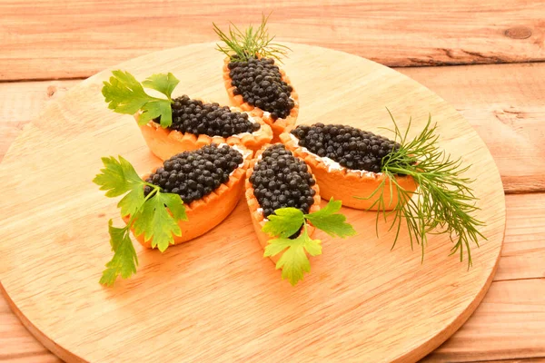 Tartlets Black Caviar Fresh Greens — Stock Photo, Image