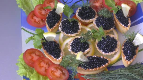 Tartlets Black Caviar Fresh Greens — Stock Video