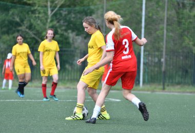  Orenburg, Rusya - 12 Haziran 2019: Rusya Günü 'ne adanmış kadınlar futbol turnuvası