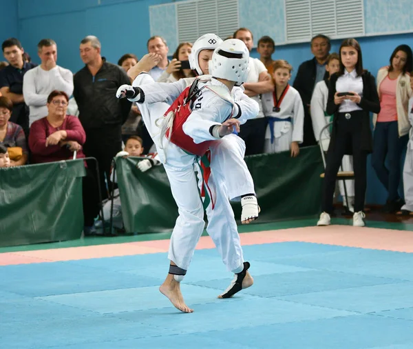 Orenburg Rússia Outubro 2019 Meninos Competem Taekwondo Artes Marciais Coreanas — Fotografia de Stock