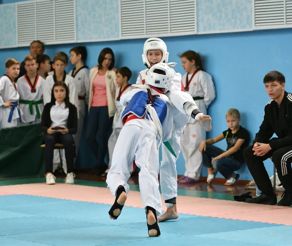 Orenburg Russia October 2019 Boys Compete Taekwondo Korean Martial Arts — Stock Photo, Image