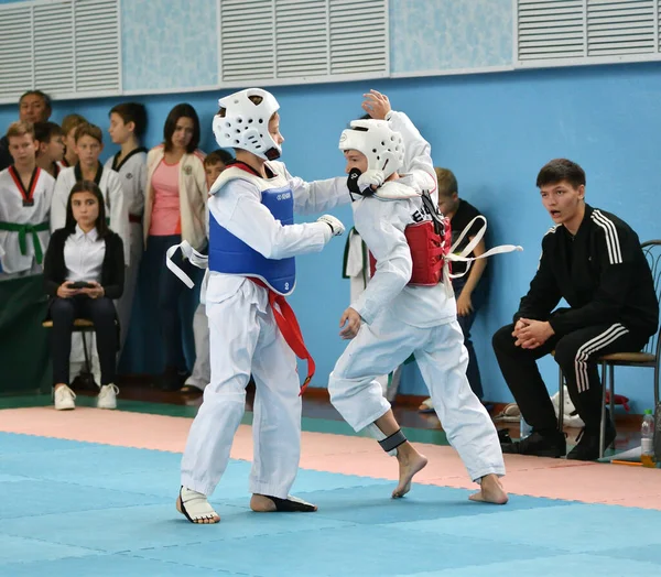 Orenburg Russia October 2019 Boys Compete Taekwondo Korean Martial Arts — Stock Photo, Image