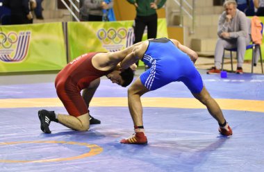 Orenburg, Rusya - 15-16 Mart 2017: Gençler Volga Federal Bölge Şampiyonası 'nda spor güreşi yapıyorlar 