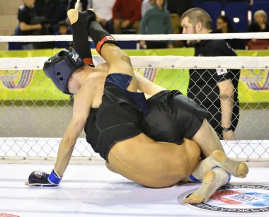 Orenburg, Rusya - 18 Şubat 2017: Dövüşçüler, Orenburg bölgesindeki karma dövüş sanatları şampiyonasında (MMA) mücadele etmektedirler.