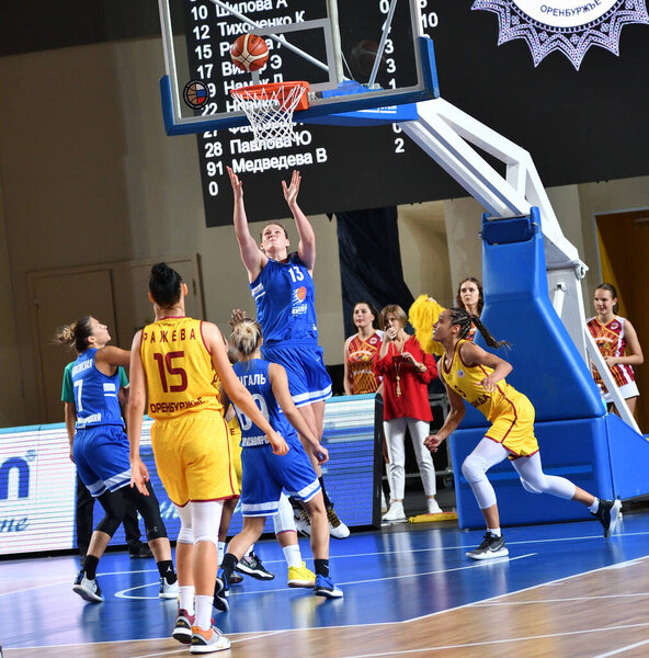 Orenburg, Russia - October 3, 2019: Girls play basketball in the match of the Russian Championship between basketball clubs "Hope" (Orenburg) and "Enisey" (Krasnoyarsk)