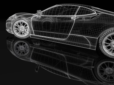 siyah zemin spor otomobil modeli. 3D görüntü
