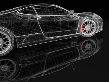 Araba araç 3d blueprint örgü modeli siyah bir zemin üzerine kırmızı fren kaliper ile. 3D görüntü