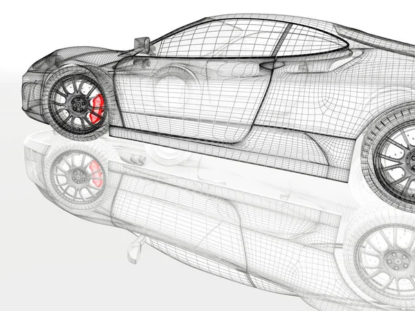 Bil Fordon Blueprint Mesh Modell Med Röd Bromsok Vit Bakgrund — Stockfoto