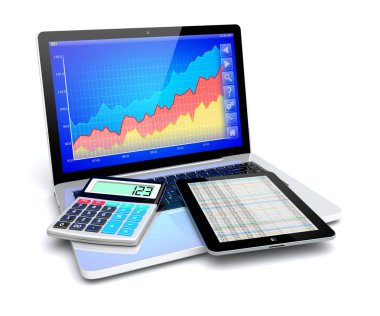 Kavram Analizi iş geliştirme ve Finans başarı. Dizüstü bilgisayar büyüme diyagram hesap makinesi ve tablet pc bilgisayar klavye ile. 3D görüntü 
