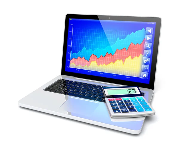 业务改进和财务成功分析概念 笔记本电脑与增长图和电子计算器在键盘上 — 图库照片