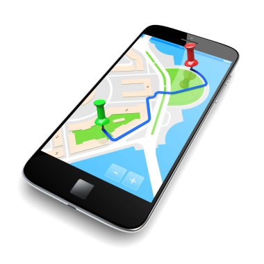 Gps ile hareket eden smartphone bir ekranda harita navigasyon uygulama seyahat. 3D görüntü 