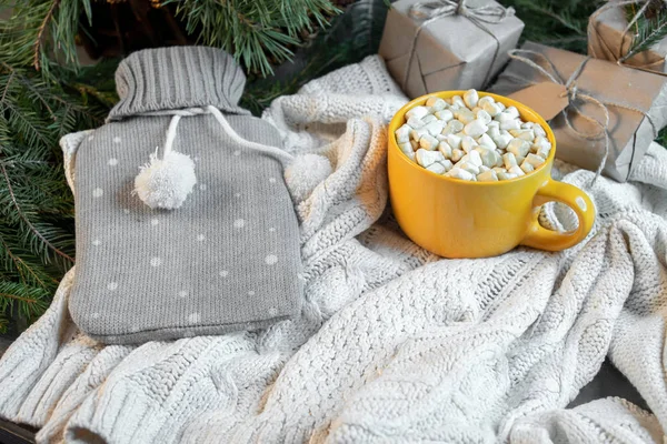 Cup of cacao with Marshmallows, grey hotty on christmas tree and sweater background.