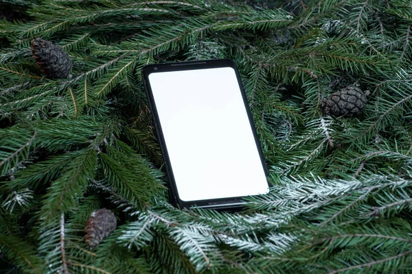 Teléfono móvil con pantalla en blanco en ramas de árbol de Navidad con heladas, decoración de año nuevo y concepto de celebración . — Foto de Stock