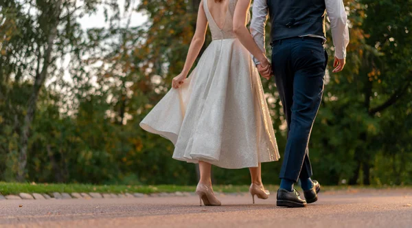 Düğün çifti parkta gün batımında yürürken el ele tutuşuyor. Geleceğe ve mutlu bir hayata birlikte gitmek