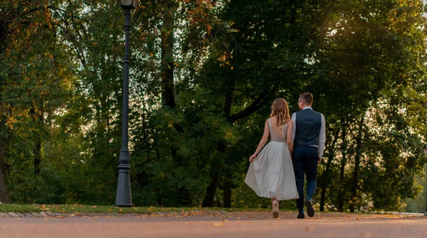 Couple de mariage tenant la main tout en marchant au coucher du soleil au parc. Aller vers l'avenir et la vie heureuse ensemble — Photo