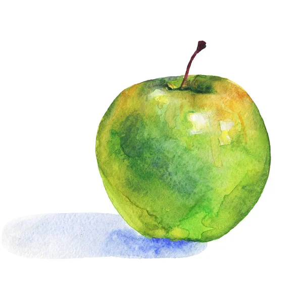 Ręcznie Rysowane Zielone Jabłuszko Akwarela Świeże Owoce Białym Tle Ilustracja — Zdjęcie stockowe