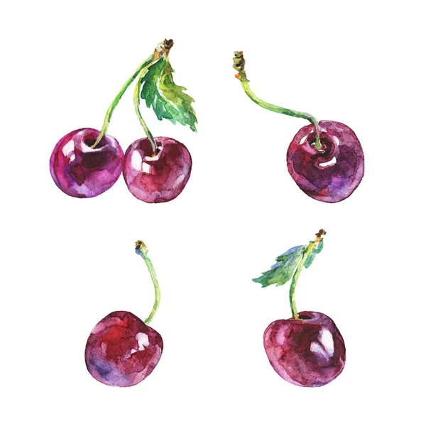 水彩新鲜樱桃 手工绘制的夏季浆果白色背景 绘画食物例证 — 图库照片